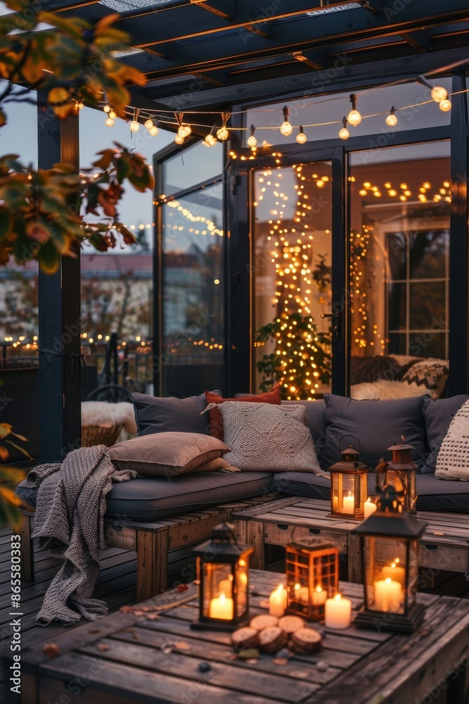 View over cozy outdoor terrace with outdoor string lights View over cozy outdoor terrace with outdoor string lights