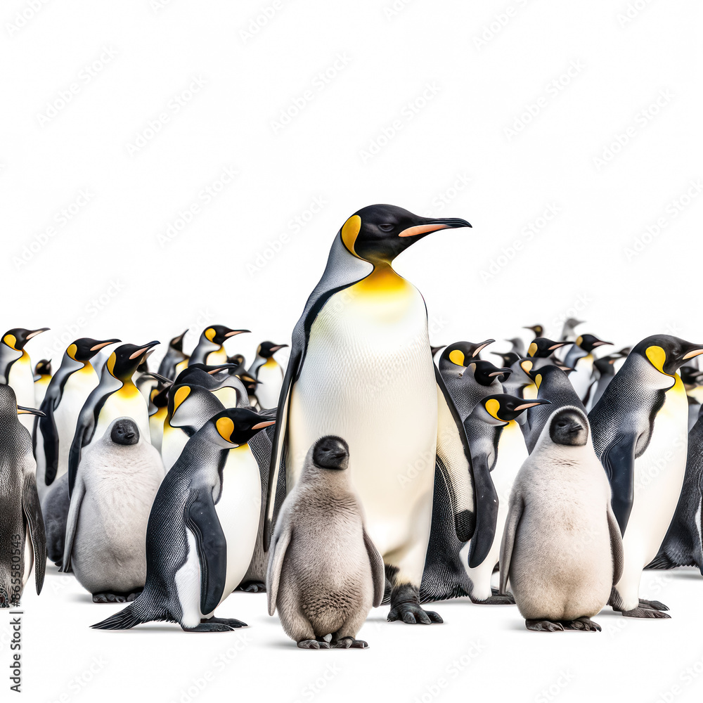 Fototapeta premium A group of penguins are standing in a line, with one of them being the tallest.