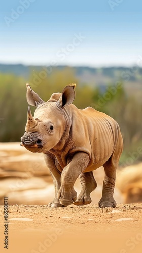 A young white rhinoceros calf stands on sandy ground in a zoo exhibit, facing to the right
