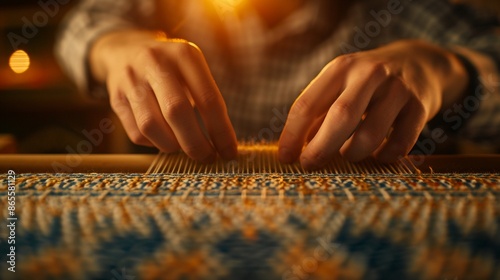 Closeup of artisan s hands weaving a detailed patterned textile on a wooden loom, soft focused light revealing the intricate designs, Contemporary, Natural warm tones, 8K rendering, Precise textures,  photo