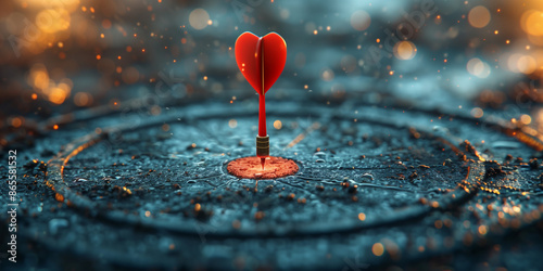 A red arrow hit the center of the target on a blue blurred background, representing business goals and a concept of success.