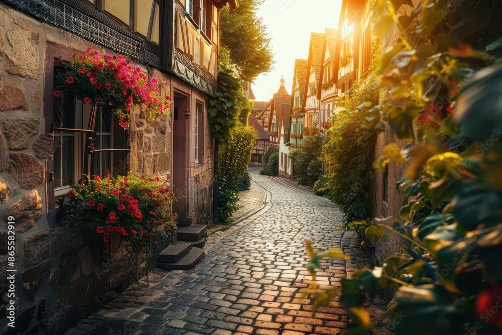 enchanting medieval street cobblestone pathway winding through halftimbered houses in rothenburg ob der tauber golden hour light flower boxes charming details enchanting medieval street cobblestone pathway winding through halftimbered houses in rothenburg ob der tauber golden hour light flower boxes charming details