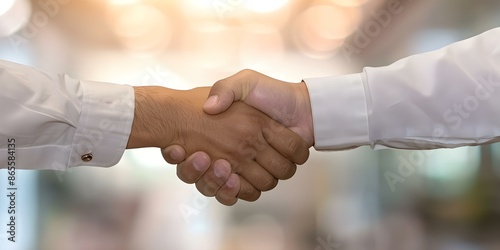 Finalizing Partnership Agreement with Handshakes in Office Setting Business Meeting. Concept Partnership Agreement, Handshakes, Office Setting, Business Meeting, Finalizing