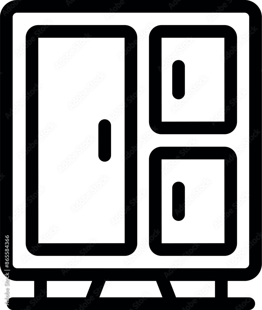 Black outline icon of a big wardrobe with drawers standing on legs