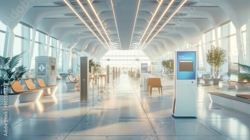 A modern airport terminal waiting area with large windows and digital signage displaying information. The area is furnished with comfortable seating and plants.