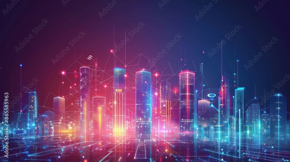 A smart city buildings cityscape with a bright blue sky and a purple digital connection A smart city buildings cityscape with a bright blue sky and a purple digital connection
