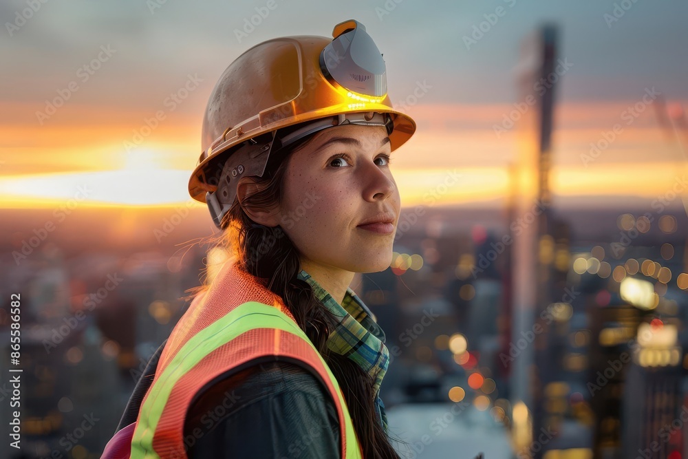 female construction worker in neon safety gear standing confidently atop a skyscraper cityscape backdrop golden hour lighting female construction worker in neon safety gear standing confidently atop a skyscraper cityscape backdrop golden hour lighting
