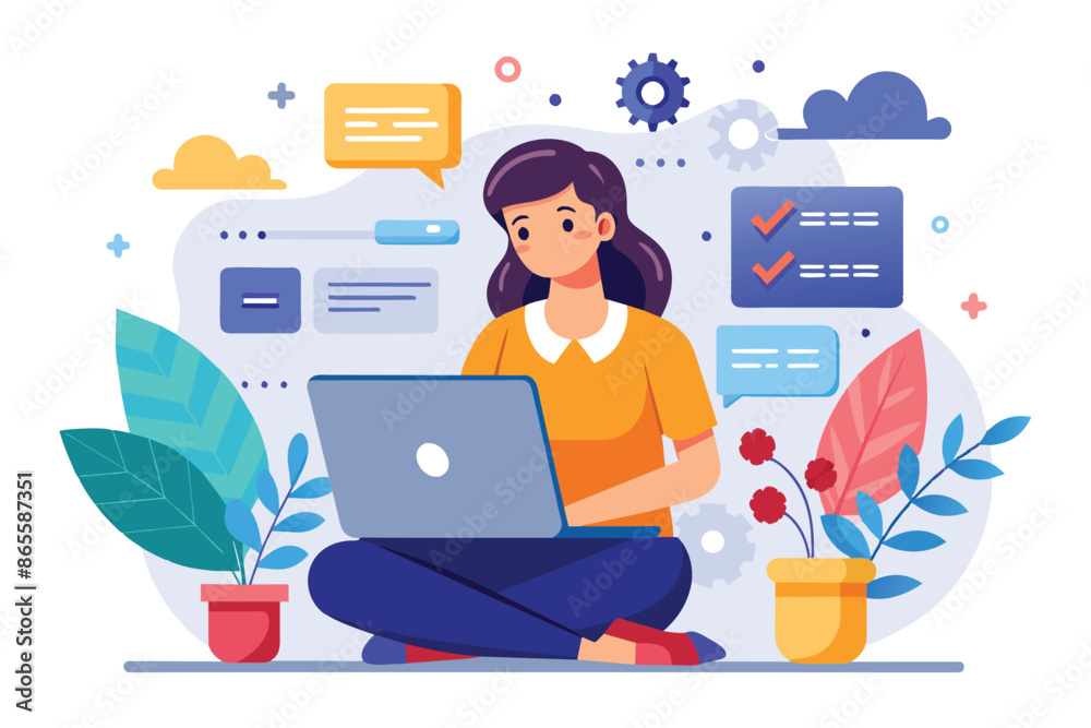Fototapeta premium A woman seated on the floor with her laptop and plants, engaged with her laptop, remote work, woman sitting with laptop, online education concept, distance learning concept flat illustration for work