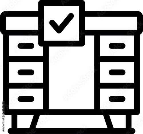 This icon features a dresser with a checkmark, representing furniture approval and quality assurance