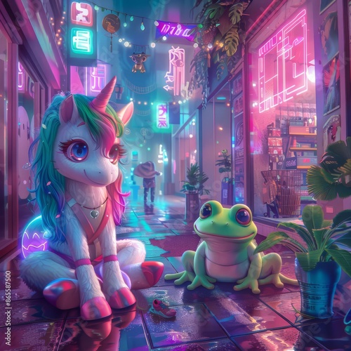 Adventurous unicorn and frog in kawaii style, enjoying their time in a neonsoaked 80s synthwave shopping district, brimming with nostalgia photo