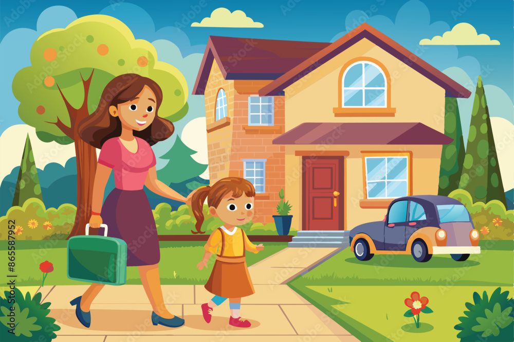 Naklejka premium Mother and daughter walking in front of house with luggage, smiling.