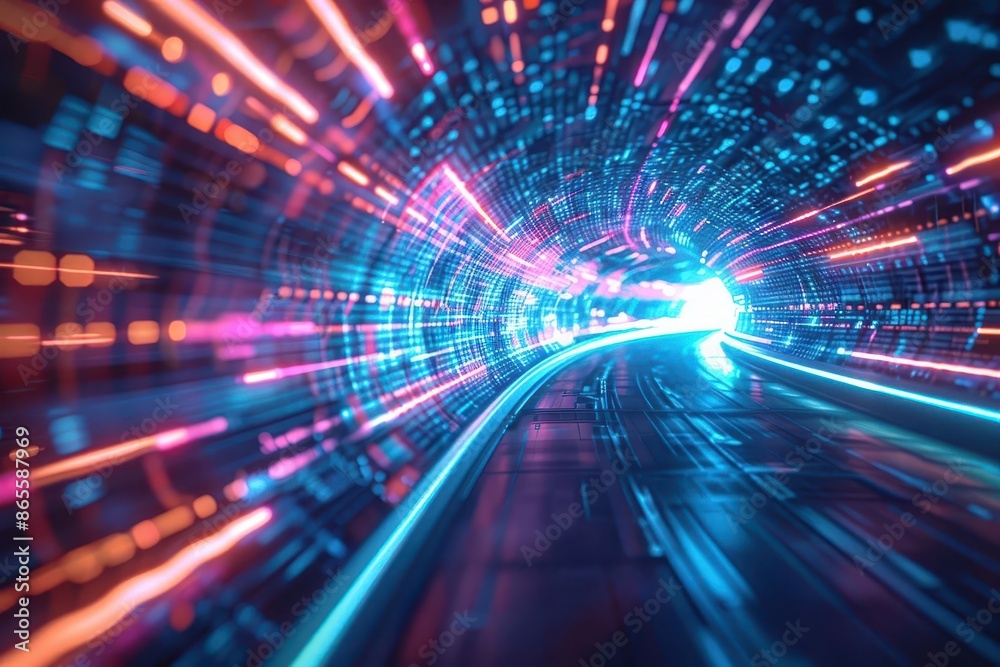futuristic digital landscape with neon blue and pink light trails forming a glowing tunnel abstract data streams and geometric shapes create a sense of speed and technological advancement futuristic digital landscape with neon blue and pink light trails forming a glowing tunnel abstract data streams and geometric shapes create a sense of speed and technological advancement
