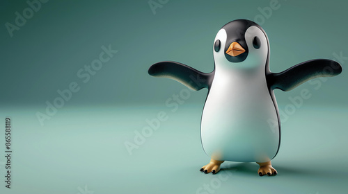 3D illustration of a cute penguin with outstretched wings. The penguin is standing on a flat surface against a pale green background. © Factory