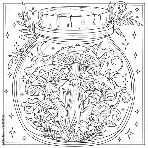 Magic amanita mushrooms in a jar.Coloring book antistress for children and adults. 