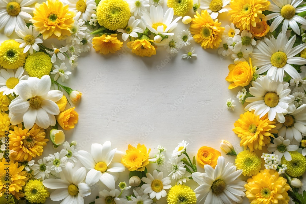 A frame made of yellow and white flowers on a background A frame made of yellow and white flowers on a background