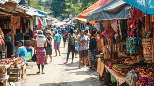 A bustling street market in Southeast Asia, filled with vibrant colors, handmade goods, and eager shoppers. Vendors display their wares, including colorful fabrics, bags, and jewelry.