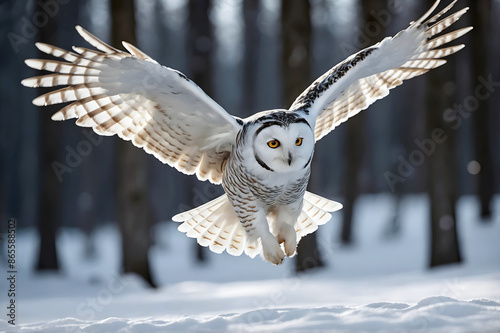 Obraz na płótnie The snowy owl in flight, Bubo scandiacus, polar owl, white owl, Arctic owl, animals and wildlife background, wallpaper w salonie