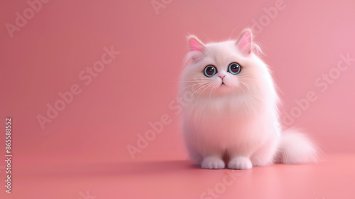 A cute and fluffy white kitten sits on a pink background. The kitten has big blue eyes and a pink nose. © Factory
