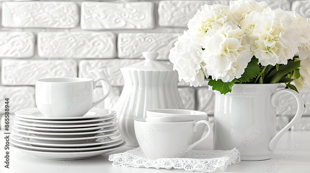 A set of white porcelain dinnerware, including plates, cups, saucers, a teapot, and a sugar bowl, arranged on a white table in front of a white brick wall A set of white porcelain dinnerware, including plates, cups, saucers, a teapot, and a sugar bowl, arranged on a white table in front of a white brick wall