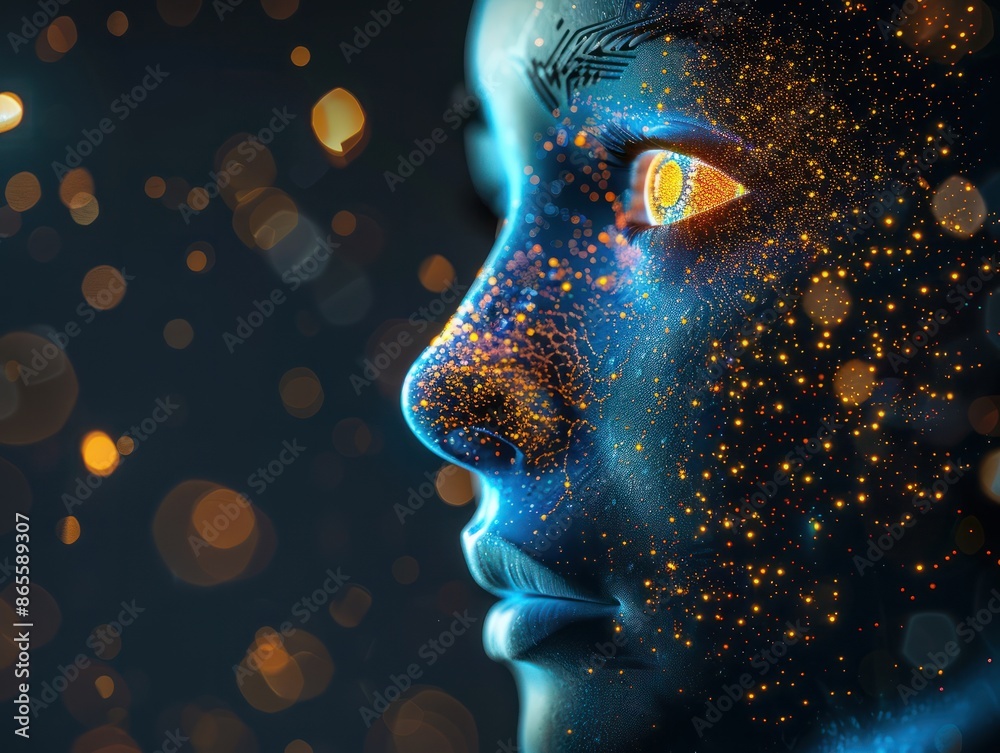 Side view of a humanoid head with blue and yellow eyes and vibrant neon neural network, representing futuristic technology and artificial intelligence. Generative AI