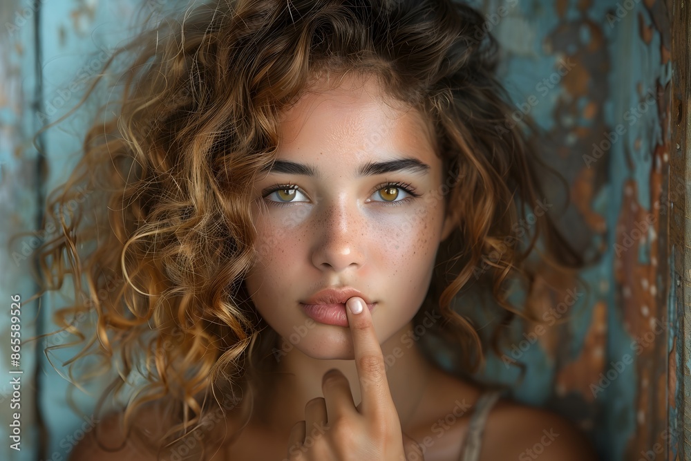 Captivating Portrait of a Young Woman with Curly Hair and Freckles Captivating Portrait of a Young Woman with Curly Hair and Freckles