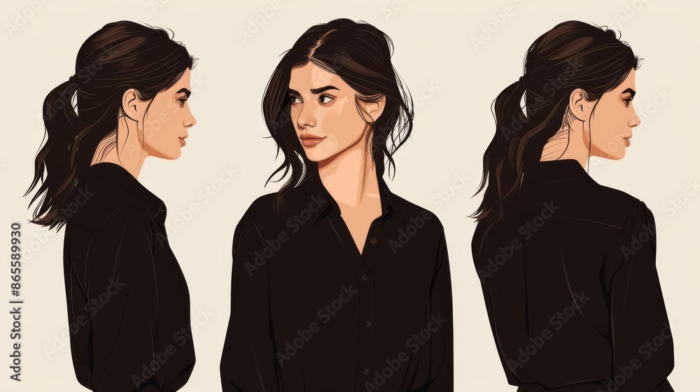 Chic representation of a woman in a black buttonup shirt, using flat color techniques to emphasize style and simplicity Chic representation of a woman in a black buttonup shirt, using flat color techniques to emphasize style and simplicity