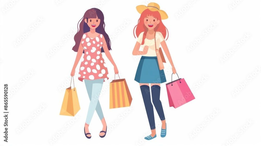 Cute and happy female friends, one chubby and one skinny, enjoying a shopping day in kawaii style, flat on white background Cute and happy female friends, one chubby and one skinny, enjoying a shopping day in kawaii style, flat on white background