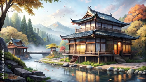 Traditional Japanese house by the river and beautiful views, a serene and tranquil scene that evokes a sense of peace and harmony. A perfect escape from the hustle and bustle of modern life. photo