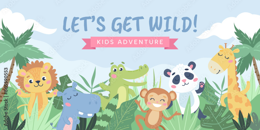 Fototapeta premium Children s animals background. Cute animals in the jungle. Vector illustration in flat style
