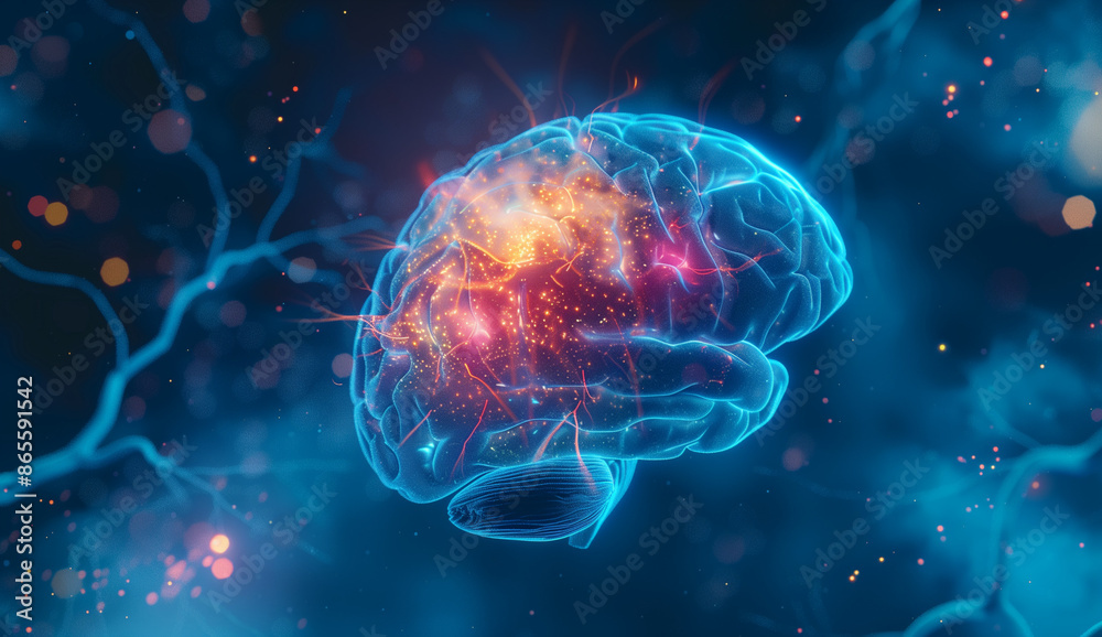 3D render of glowing brain with cell and neural network concept on a dark blue background. Brain imagery, isolated illustration of the medical central system as a decorative design element. 3D render of glowing brain with cell and neural network concept on a dark blue background. Brain imagery, isolated illustration of the medical central system as a decorative design element.