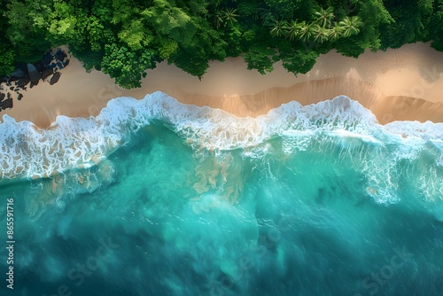 Aerial View of Pristine Tropical Beach with Turquoise Waters and Lush Greenery © Valentin