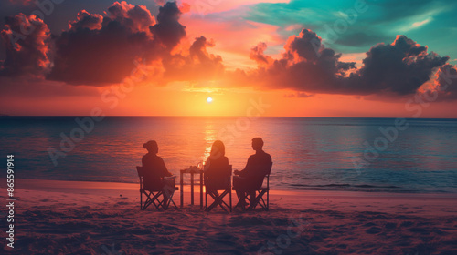 Happy family enjoying a luxurious beach vacation, colorful sunset in the background, upper third copy space © Лариса Лазебная