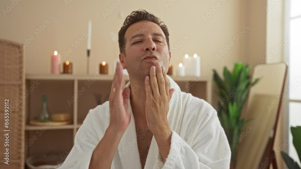 Handsome man in a white bathrobe touching his face after shaving indoors at a spa wellness center surrounded by candles and plants Handsome man in a white bathrobe touching his face after shaving indoors at a spa wellness center surrounded by candles and plants