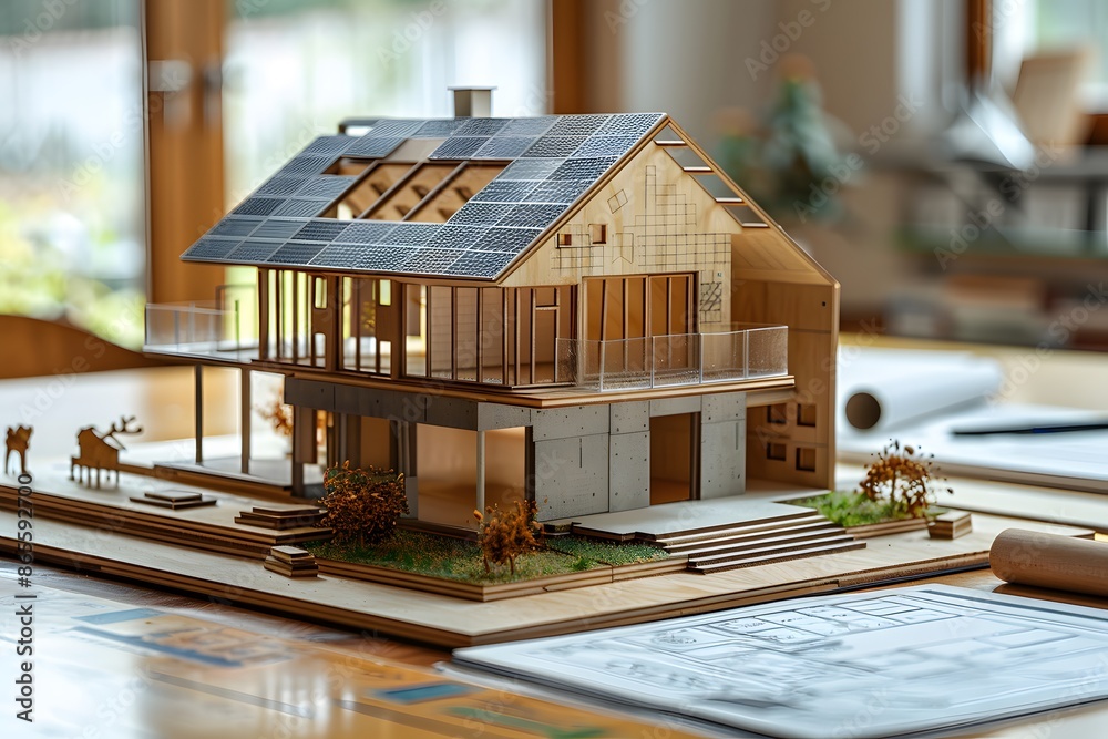 Detailed Architectural Model of a Modern Eco-Friendly House with Solar Panels Detailed Architectural Model of a Modern Eco-Friendly House with Solar Panels