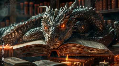 Epic 3D render of a serpentine dragon intertwined with scrolls and books, its eyes glowing with knowledge, in a high fantasy setting