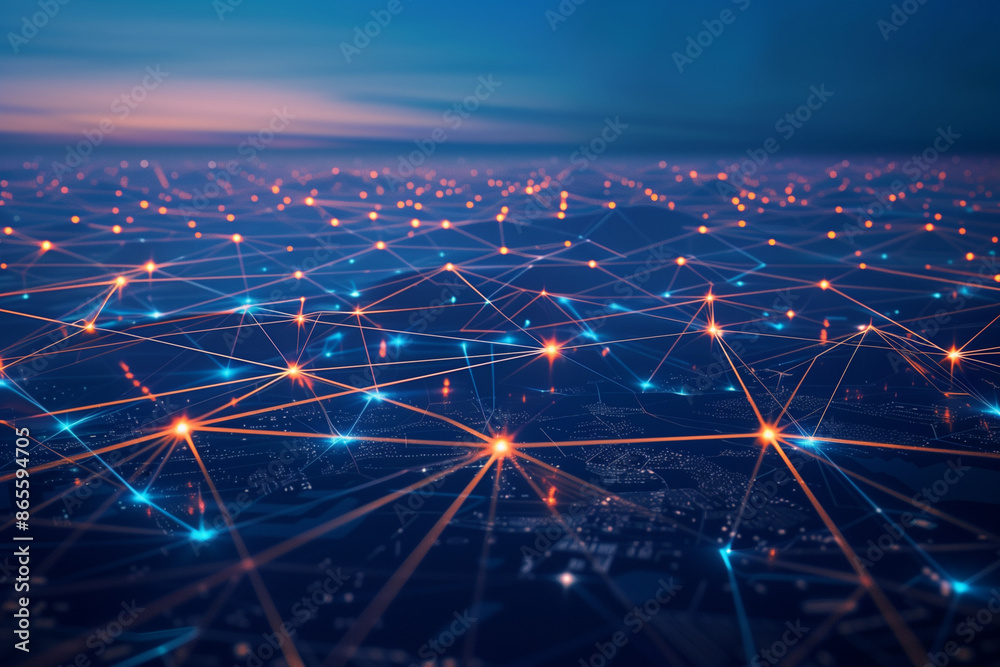 A digital rendering of an abstract network, with glowing connections representing data flow and global connectivity, set against the backdrop of a dark blue sky at night. A digital rendering of an abstract network, with glowing connections representing data flow and global connectivity, set against the backdrop of a dark blue sky at night.