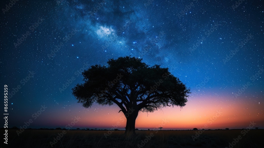 Silhouette a large tree stands in a field at night sky full of stars landscape Silhouette a large tree stands in a field at night sky full of stars landscape