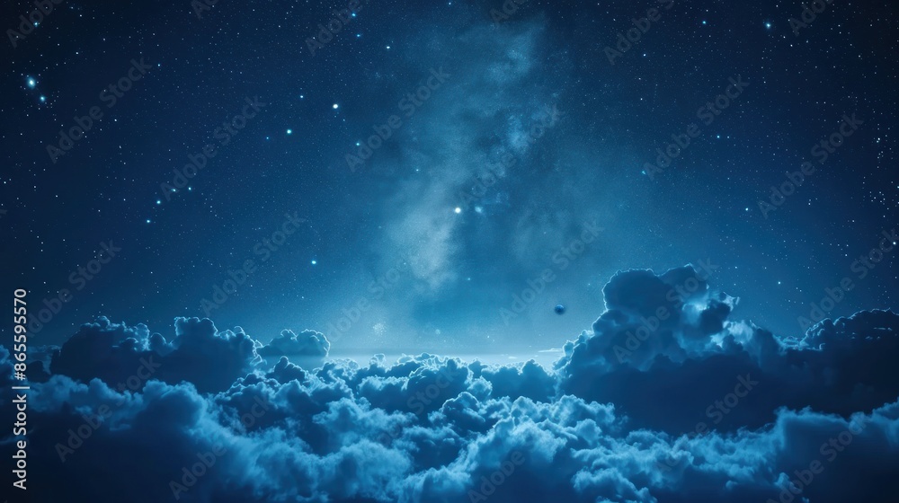 Fototapeta premium Beautiful landscape of night blue sky is filled with clouds and stars