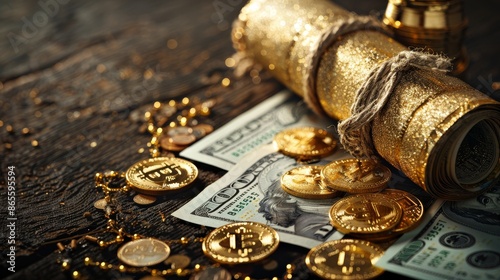Glittering Wealth of the Gold Standard Era - Oil Painting Historical Scene with Coins and Banknotes, Wide-Angle Shot with Copy Space