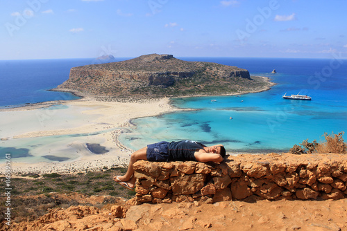 View of Balos Bay. Greece island Crete. Man on the observation deck