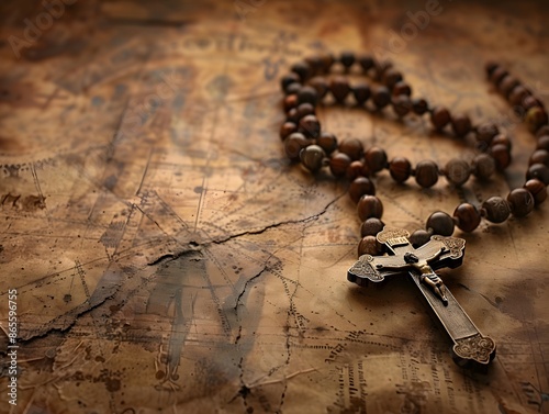 Antique Rosary on Weathered Map Background