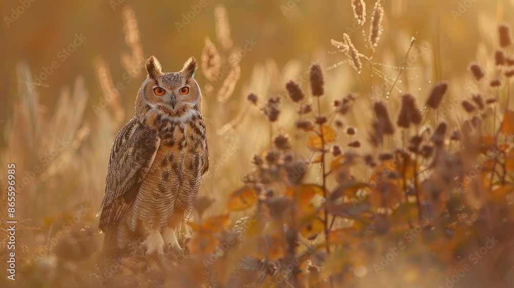Eurasian eagle owl perched on meadow with orange eyes in autumn Eurasian eagle owl perched on meadow with orange eyes in autumn