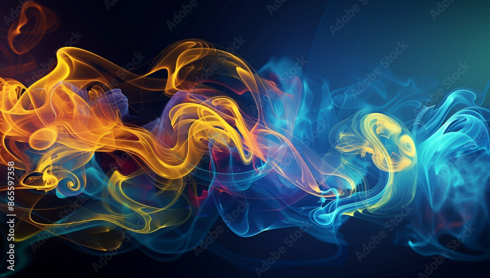 Obraz premium Abstract background with colorful smoke and a clock, flowing shapes, in the style of digital art, a dark blue gradient, dark black and light amber tones,