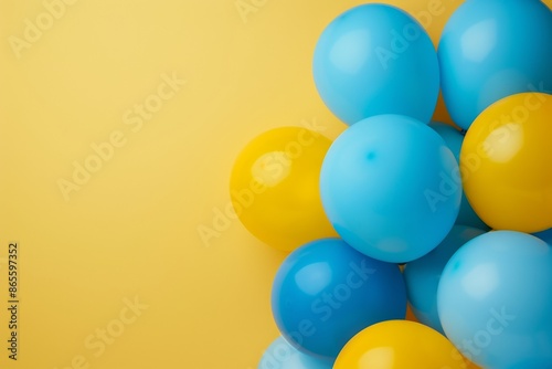 Bunch of blue and yellow balloons on a solid yellow background © DigitalParadise