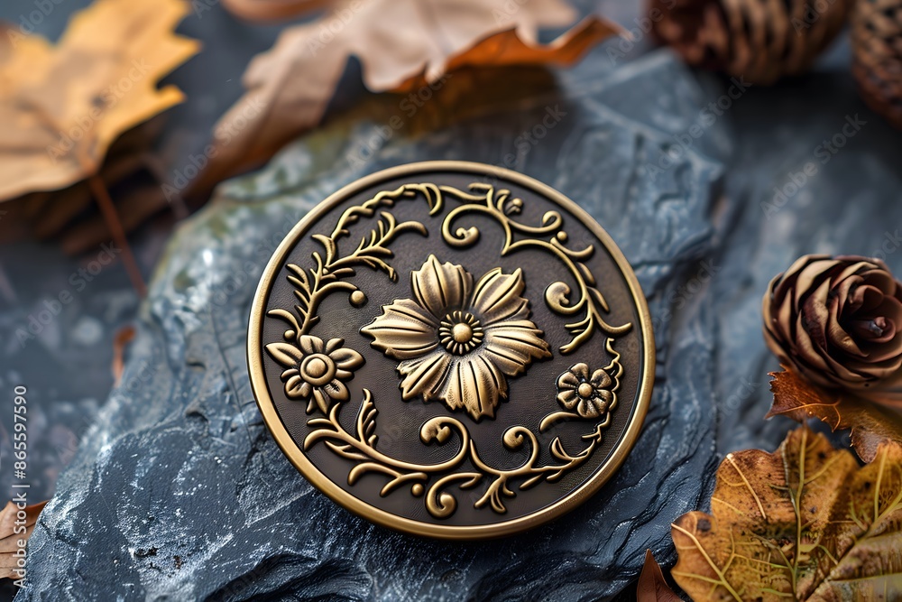 Intricately Designed Bronze Medallion with Floral Motif Amidst Autumn Leaves Intricately Designed Bronze Medallion with Floral Motif Amidst Autumn Leaves