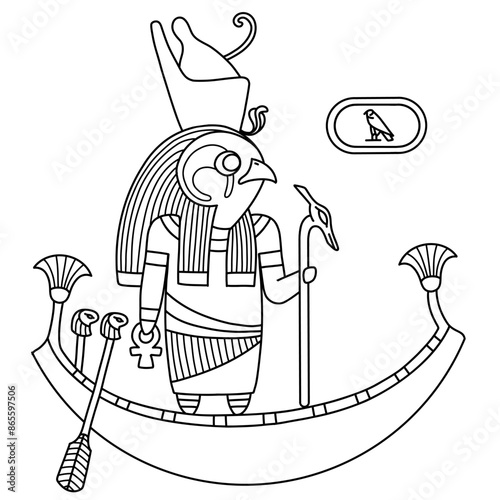 Horus is an ancient Egyptian deity. God of kingship, healing, protection, the sun, and the sky.
Colouring page for kids. Learning culture, mythology with fun. Black and white vector illustration