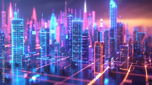 Fototapeta Naklejka Na Ścianę i Meble -  A futuristic smart cityscape with neon lights and buildings
