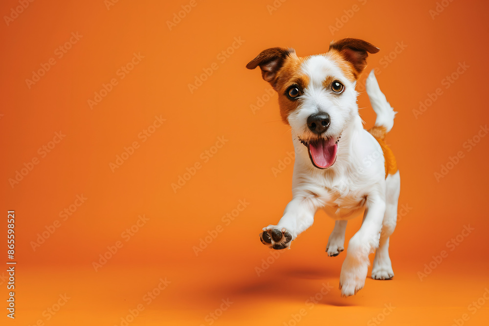 A detailed shot of a dog wagging its tail, happy and energetic, on a solid orange background A detailed shot of a dog wagging its tail, happy and energetic, on a solid orange background