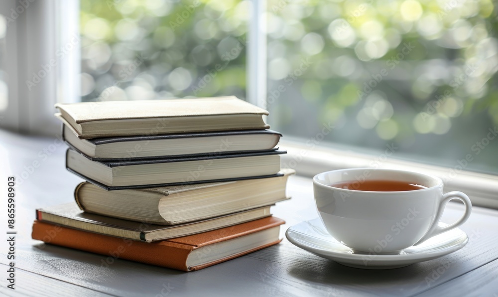Stack of books on a light gray table with a cup of tea beside it Stack of books on a light gray table with a cup of tea beside it
