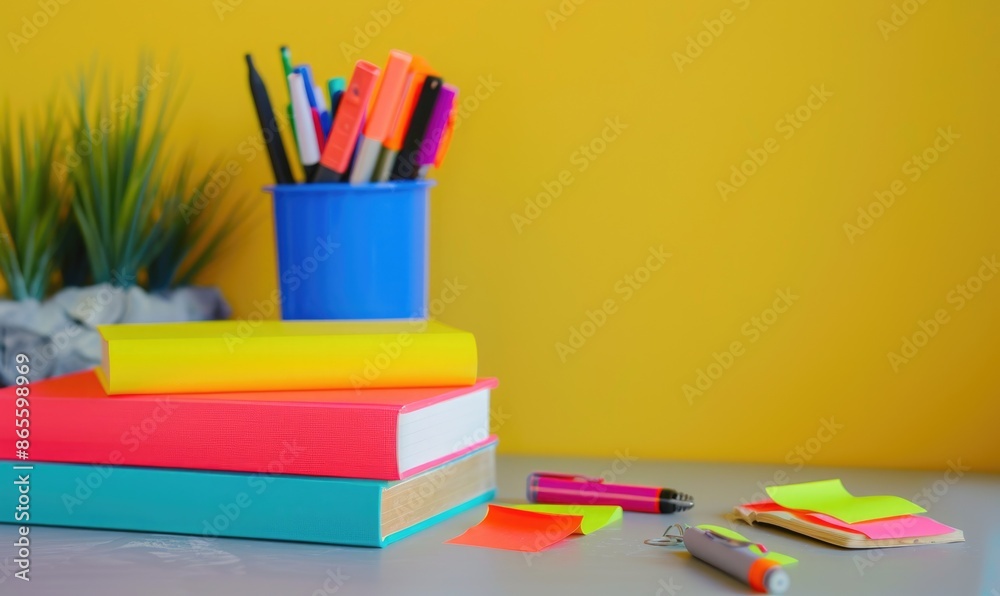Fototapeta premium Stack of books on a light gray table with a pastel yellow background